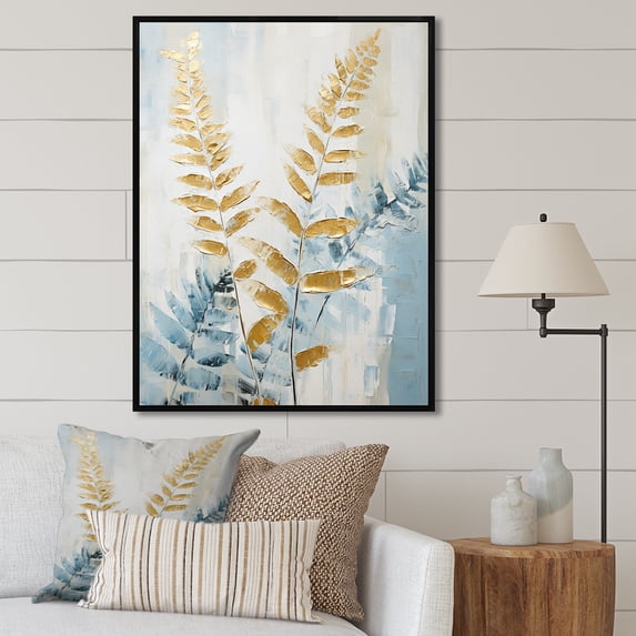 Designart "A Symphony Of Blue And Golden Ferns IV" Ferns Floater Framed Canvas Prints