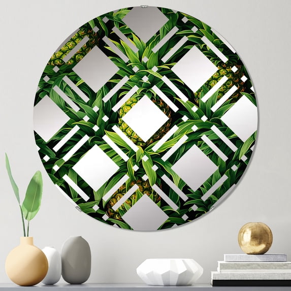 Designart "A Tapestry of Pineapples in the Tropics" Pineapples Plaid Round Wall Mirror - Food & Beverage Oval Printed Decorative Mirror - Multiple Color Options
