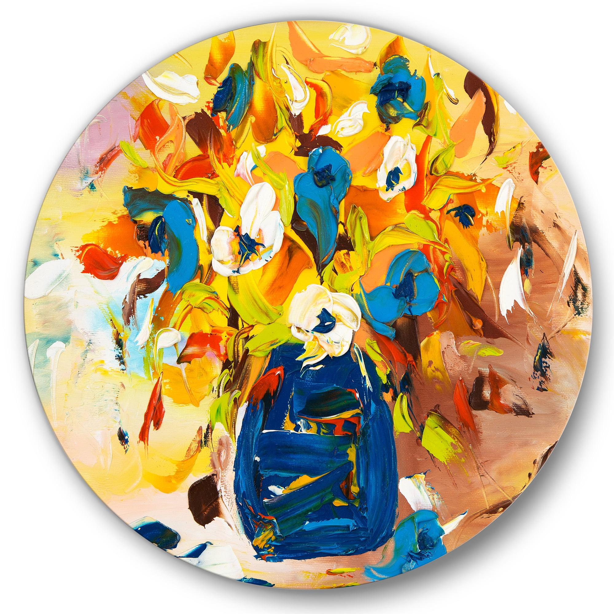 Designart 'A VIbrant Flower Bouquet In Blue and Yellow' Traditional Circle Metal Wall Art 23x23 - Disc of 23