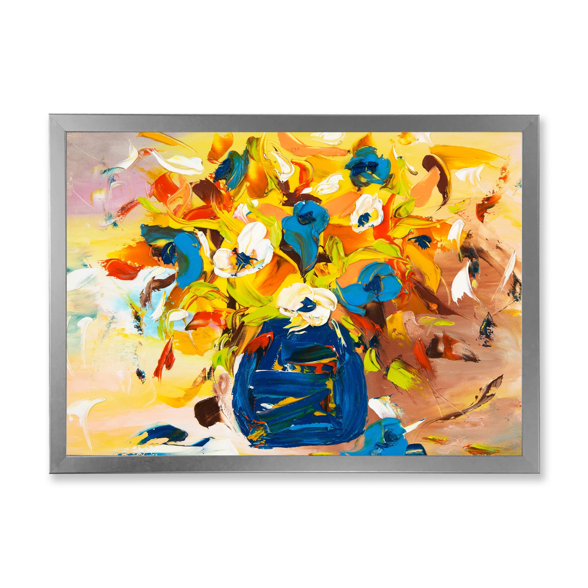 Designart 'A VIbrant Flower Bouquet In Blue and Yellow' Traditional Framed Art Print