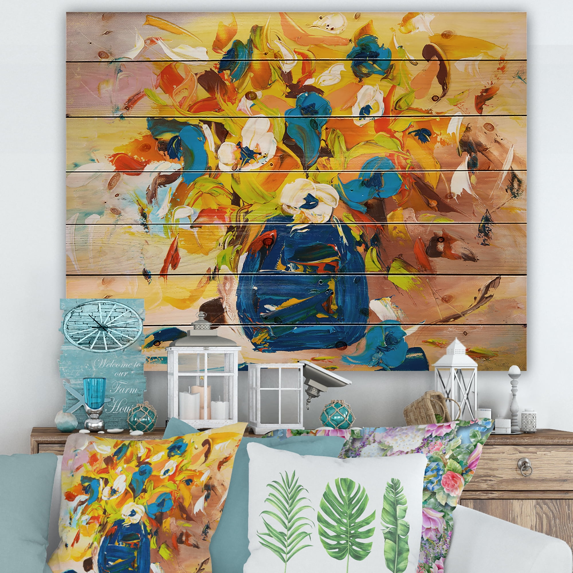Designart 'A VIbrant Flower Bouquet In Blue and Yellow' Traditional Print on Natural Pine Wood