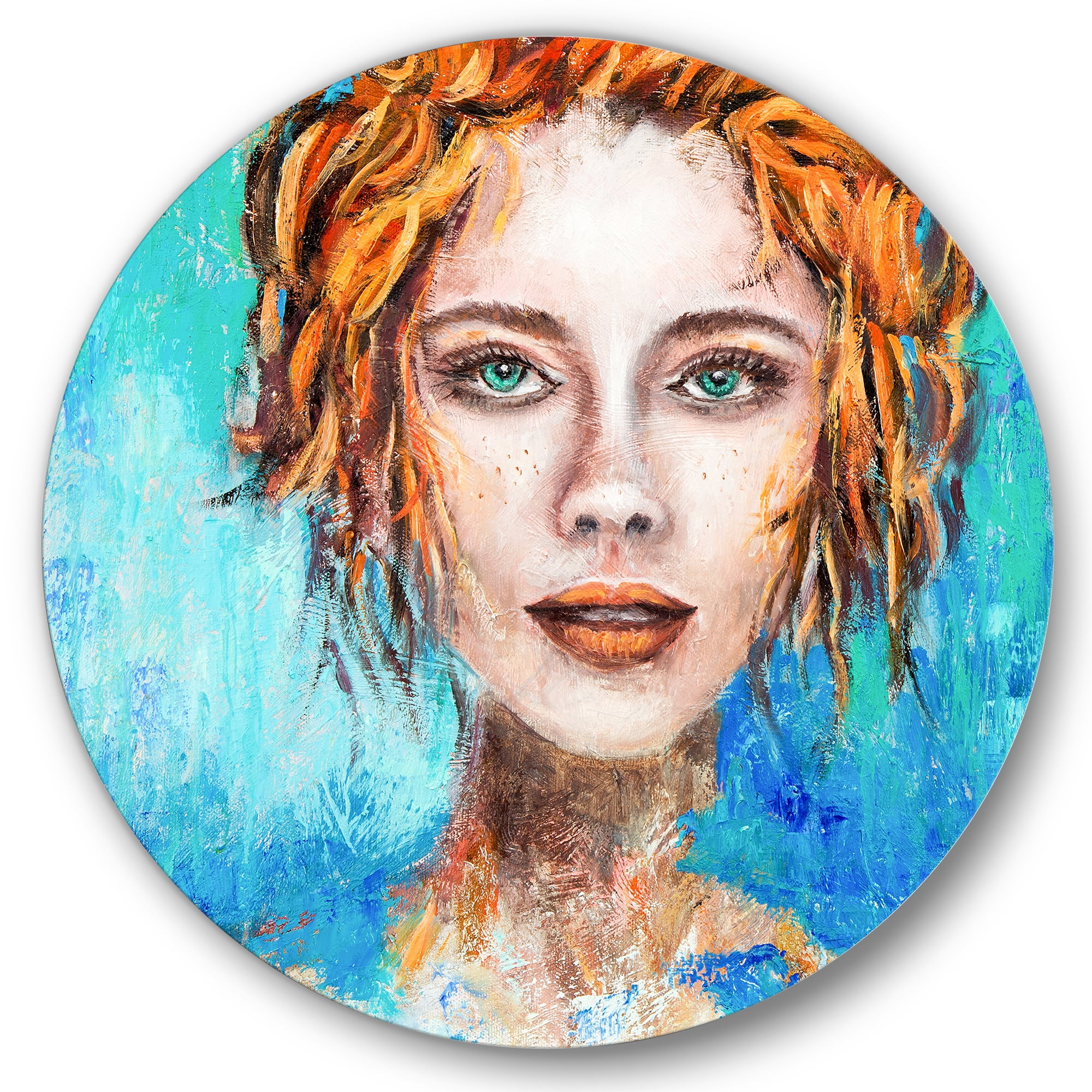 Designart 'A Woman Face With Red Hair And Green Eyes' Modern Circle Metal Wall Art 11x11 - Disc of 11