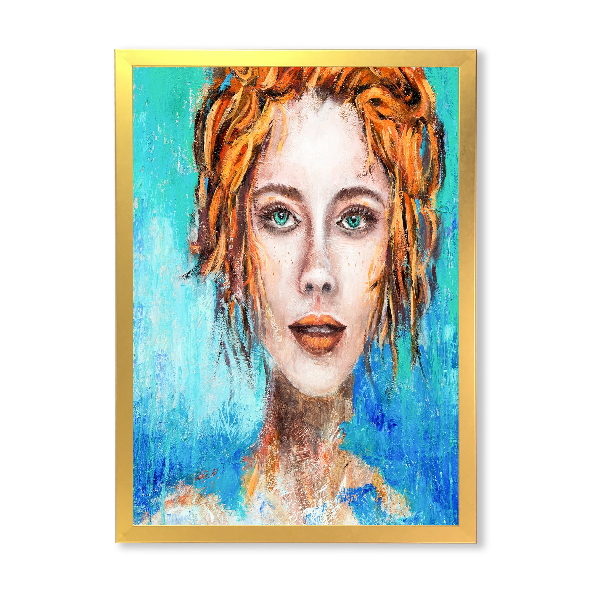 Designart 'A Woman Face With Red Hair And Green Eyes' Modern Framed Art Print