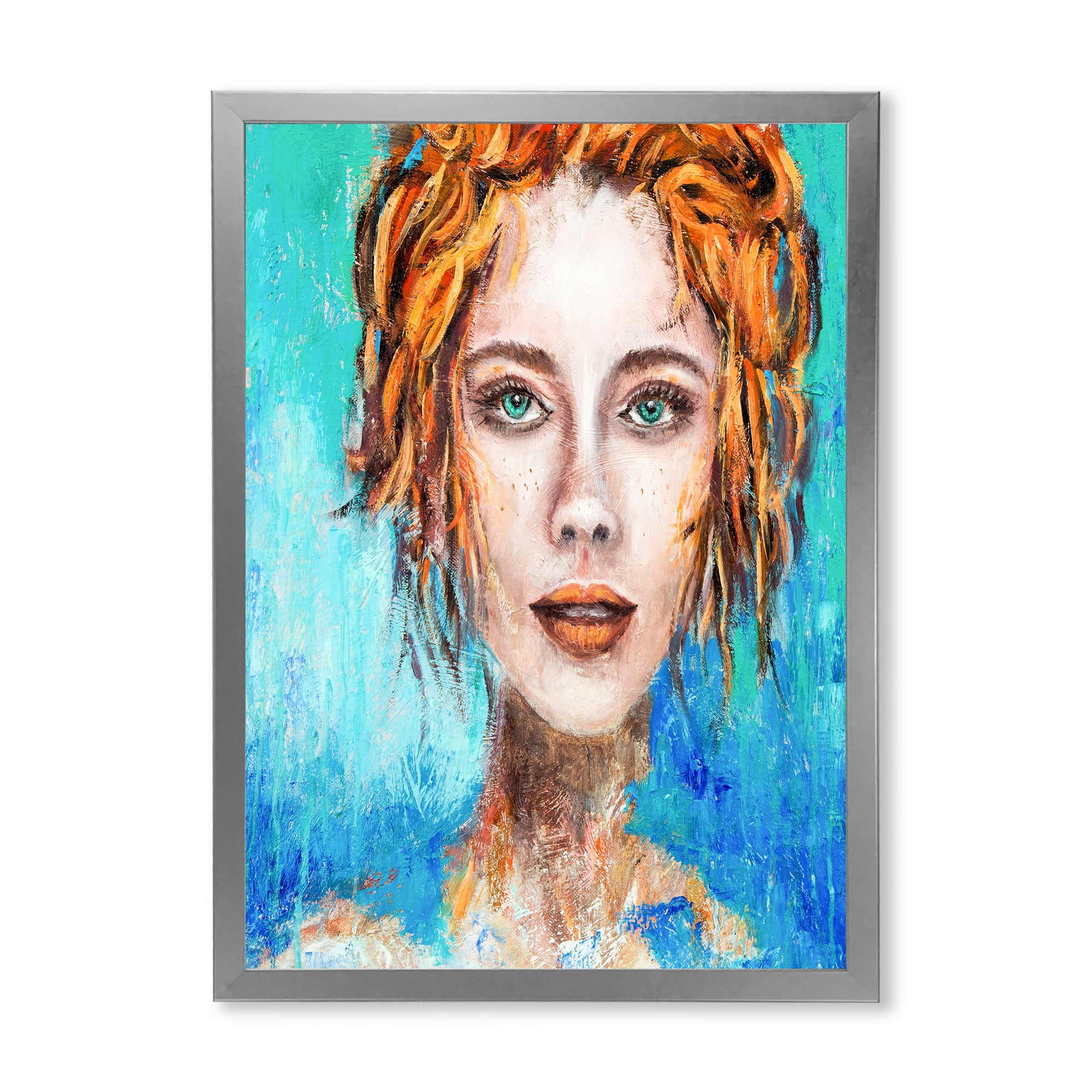 Designart 'A Woman Face With Red Hair And Green Eyes' Modern Framed Art Print
