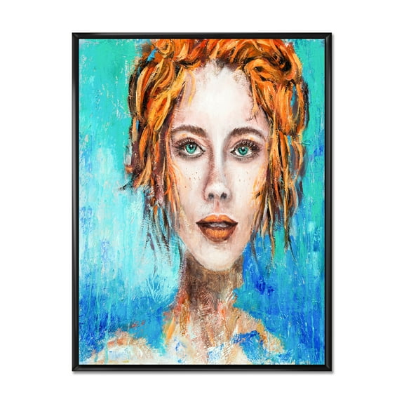 Designart 'A Woman Face With Red Hair And Green Eyes' Modern Framed Canvas Wall Art Print