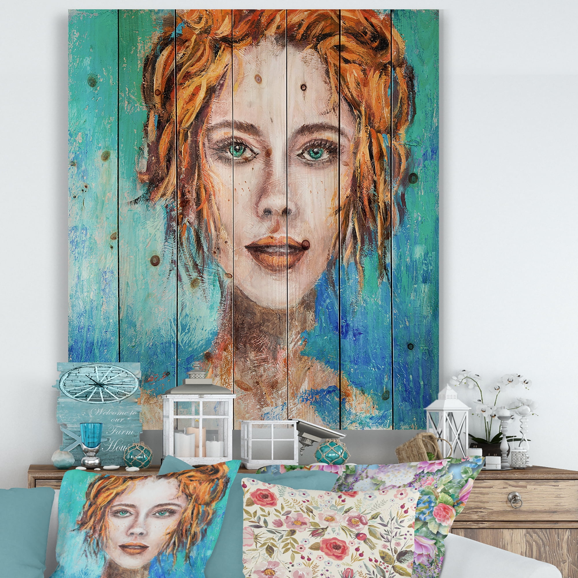 Designart 'A Woman Face With Red Hair And Green Eyes' Modern Print on Natural Pine Wood
