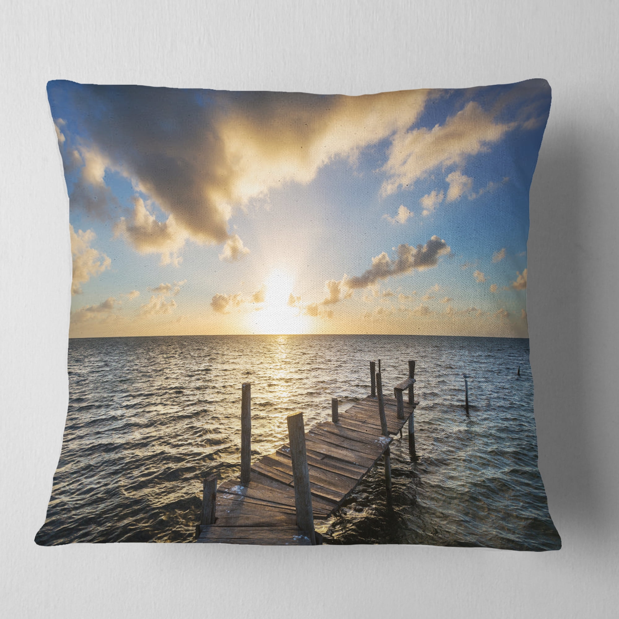 Designart Abandoned Boardwalk in Seashore - Bridge Throw Pillow - 16x16