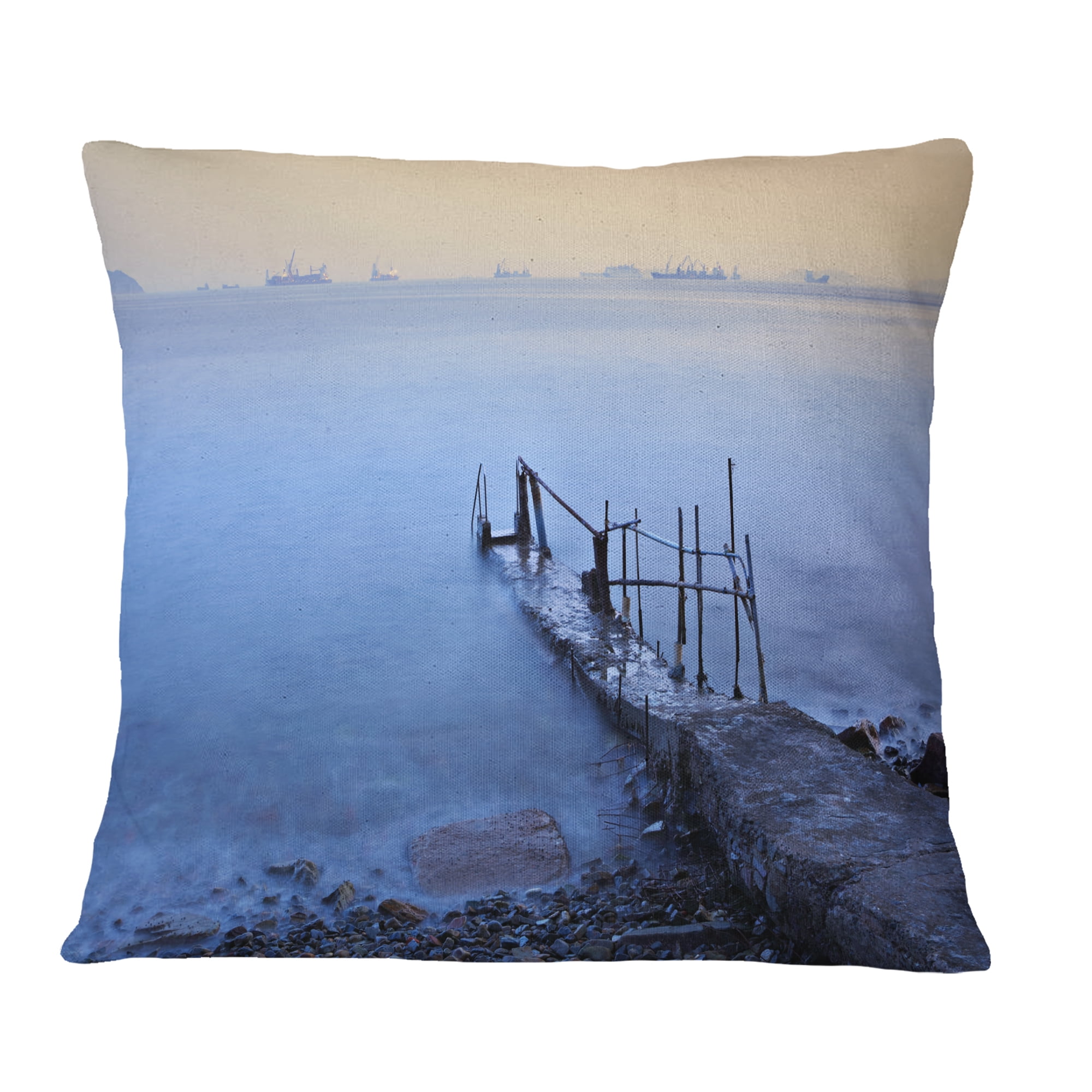 Designart Abandoned Pier into Blue Sea - Sea Bridge Throw Pillow - 16x16