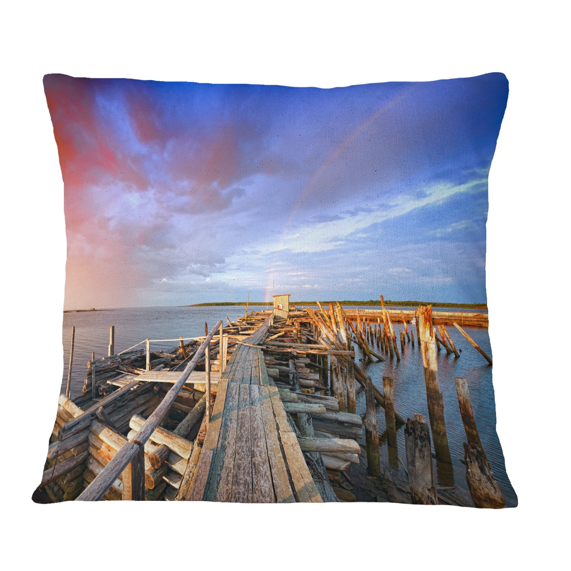 Designart Abandoned Wooden Pier and Blue Sky - Sea Bridge Throw Pillow - 12x20