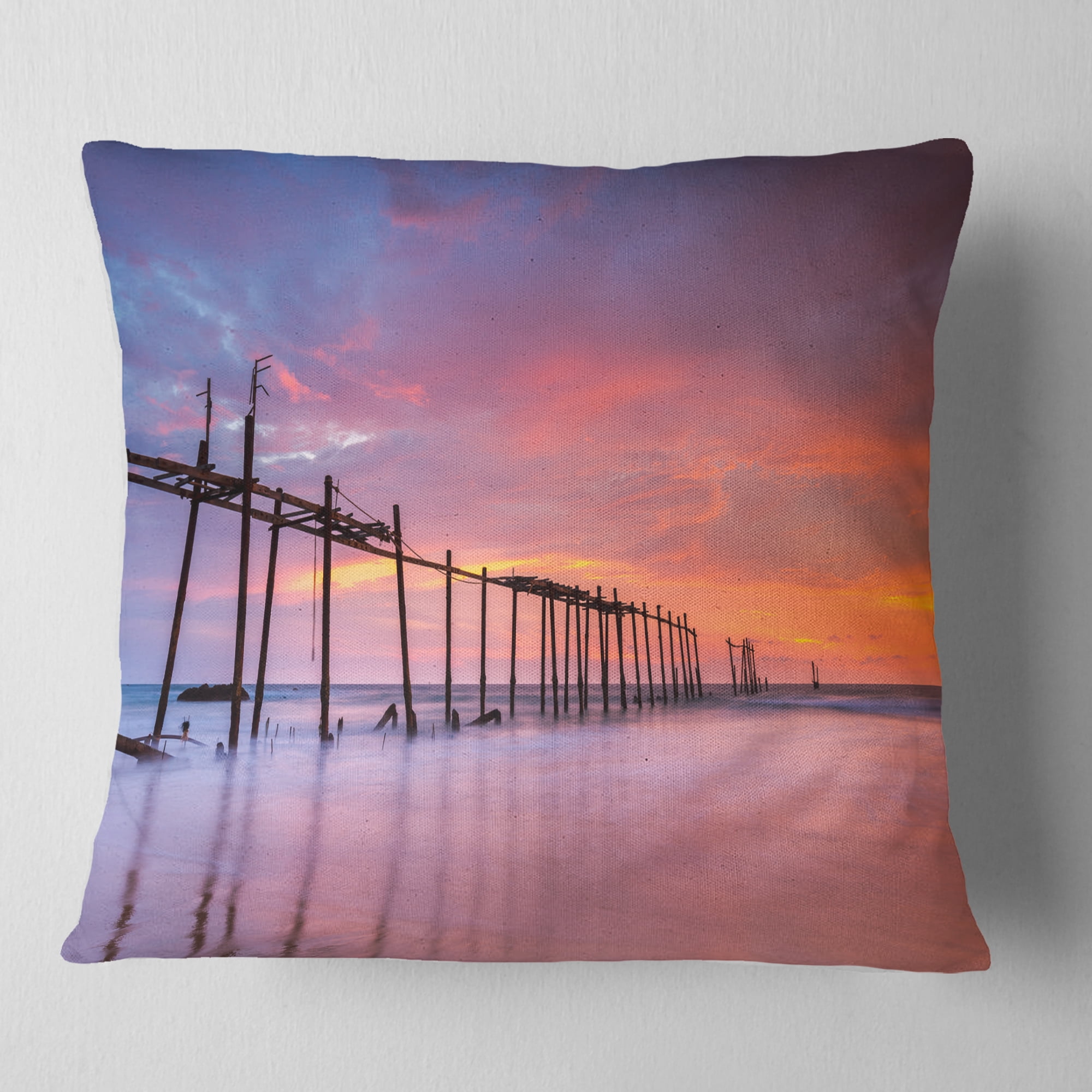 Designart Abandoned Wooden Pier at Sunset - Pier Seascape Throw Pillow - 18x18