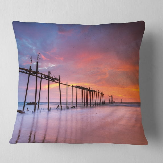 Designart Abandoned Wooden Pier at Sunset - Pier Seascape Throw Pillow - 18x18