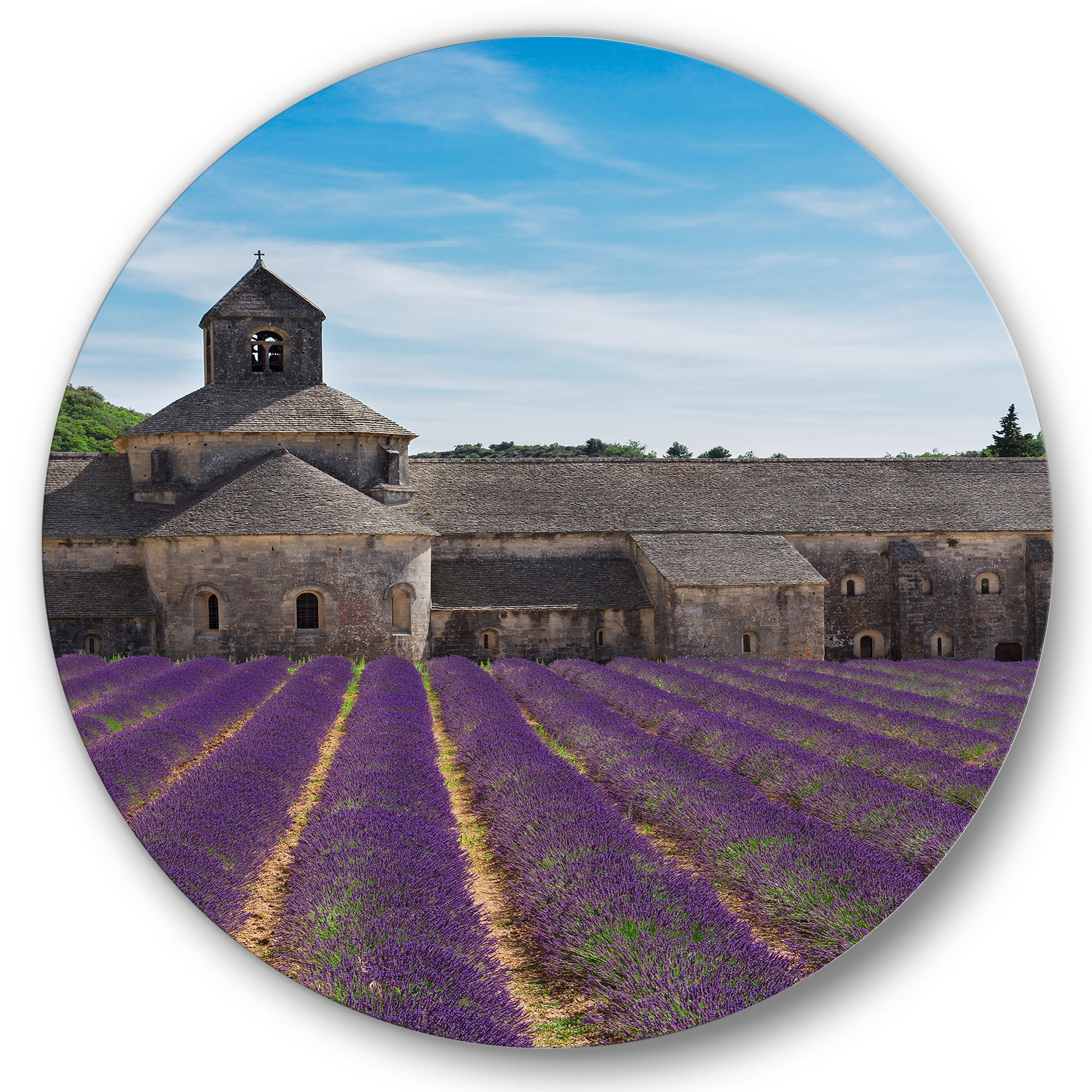Designart 'Abbey With Lavender Field In France' Farmhouse Circle Metal Wall Art 36x36 - Disc of 36
