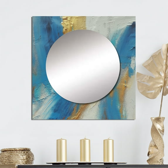 Designart "Abrupt Sensuality Abstract Aquamarine And Gold" Abstract Painting Square Mirror For Wall Decor - Large Gold Square Printed Wall Mirror Art - Wall Mounted Square Large Mirror