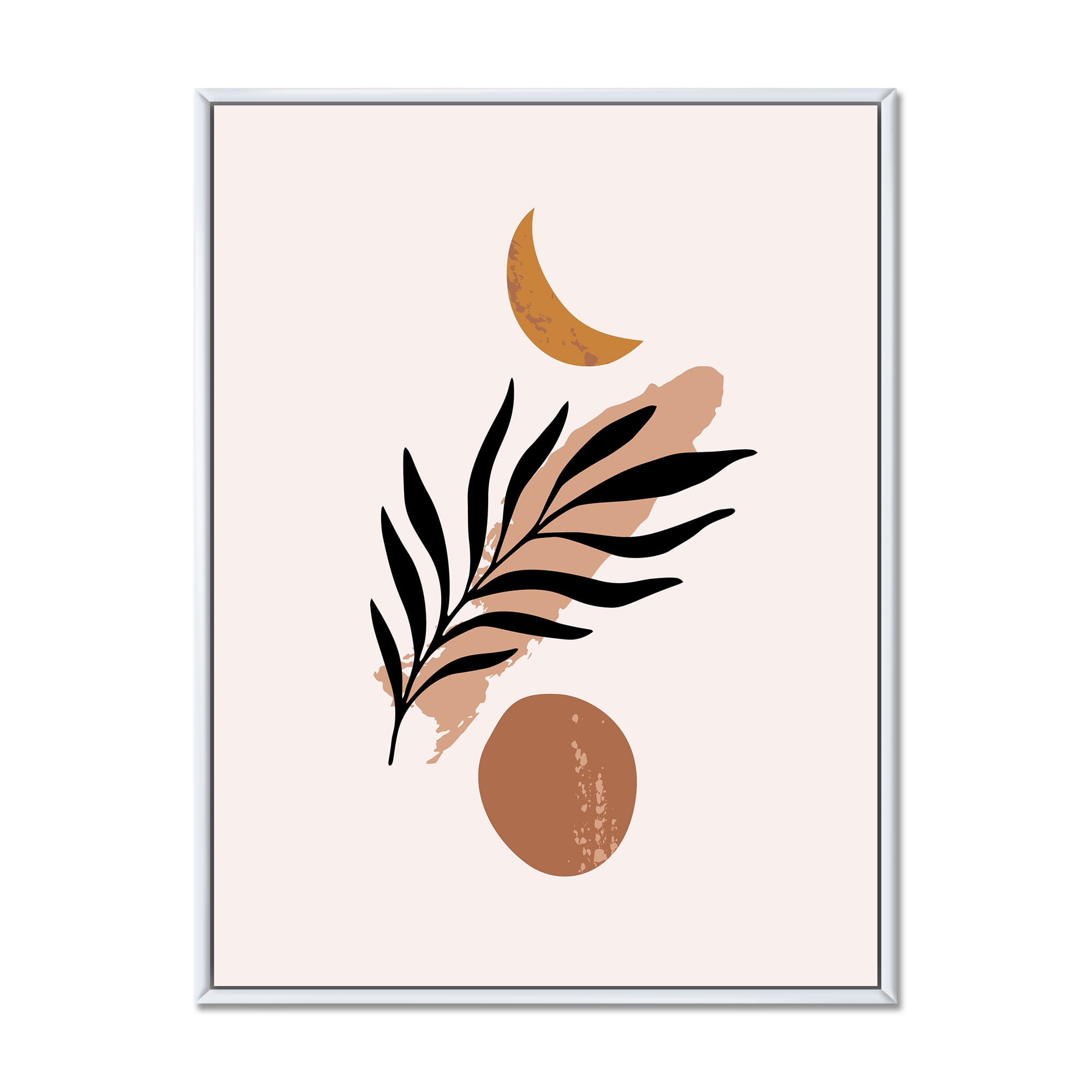 Designart 'Abstact Tropical Palm Leaf, Minimal Sun And Moon I' Modern Framed Canvas Wall Art Print
