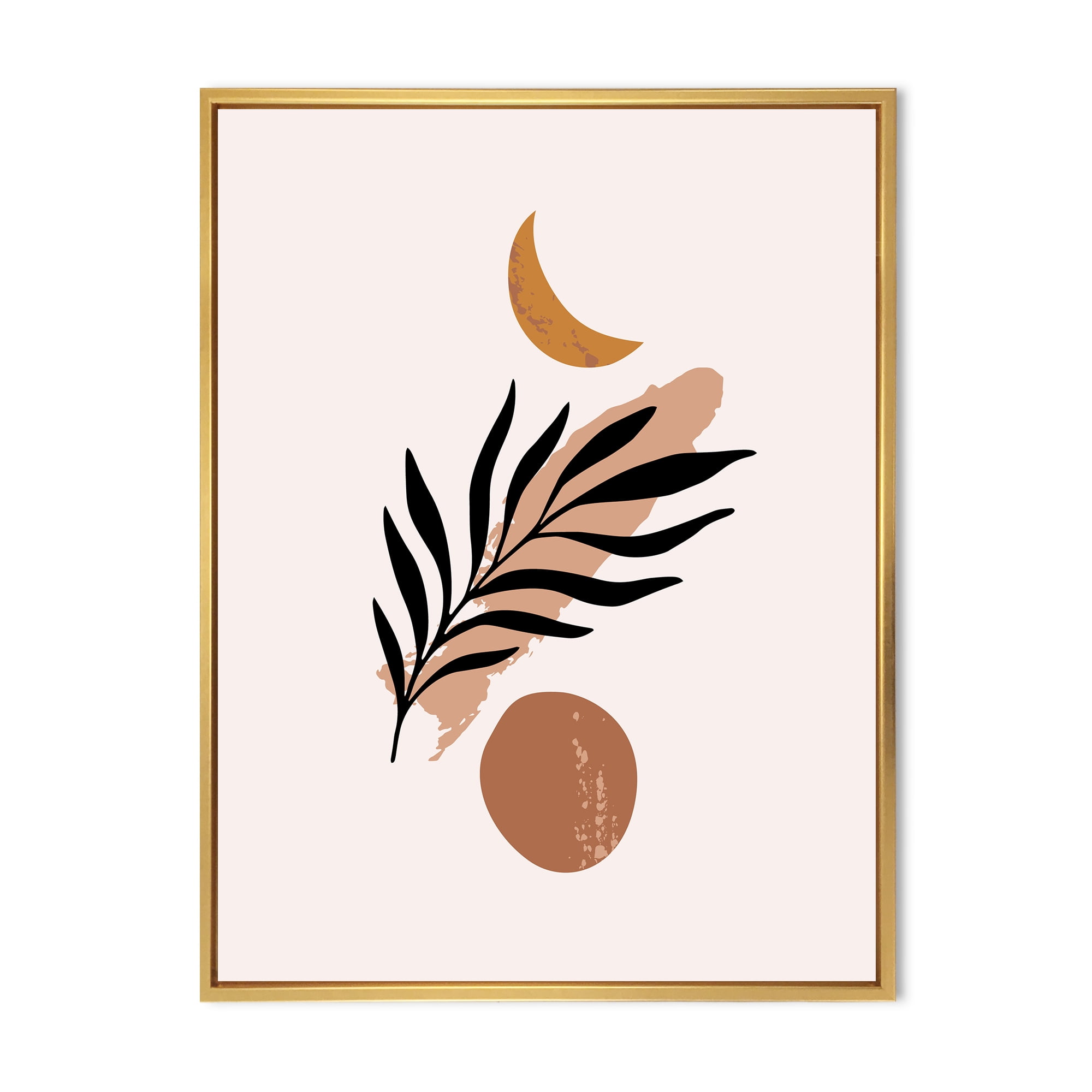 Designart 'Abstact Tropical Palm Leaf, Minimal Sun And Moon I' Modern Framed Canvas Wall Art Print