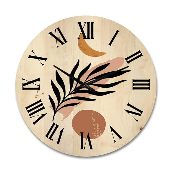 Designart 'Abstact Tropical Palm Leaf, Minimal Sun And Moon I' Modern Wood Wall Clock