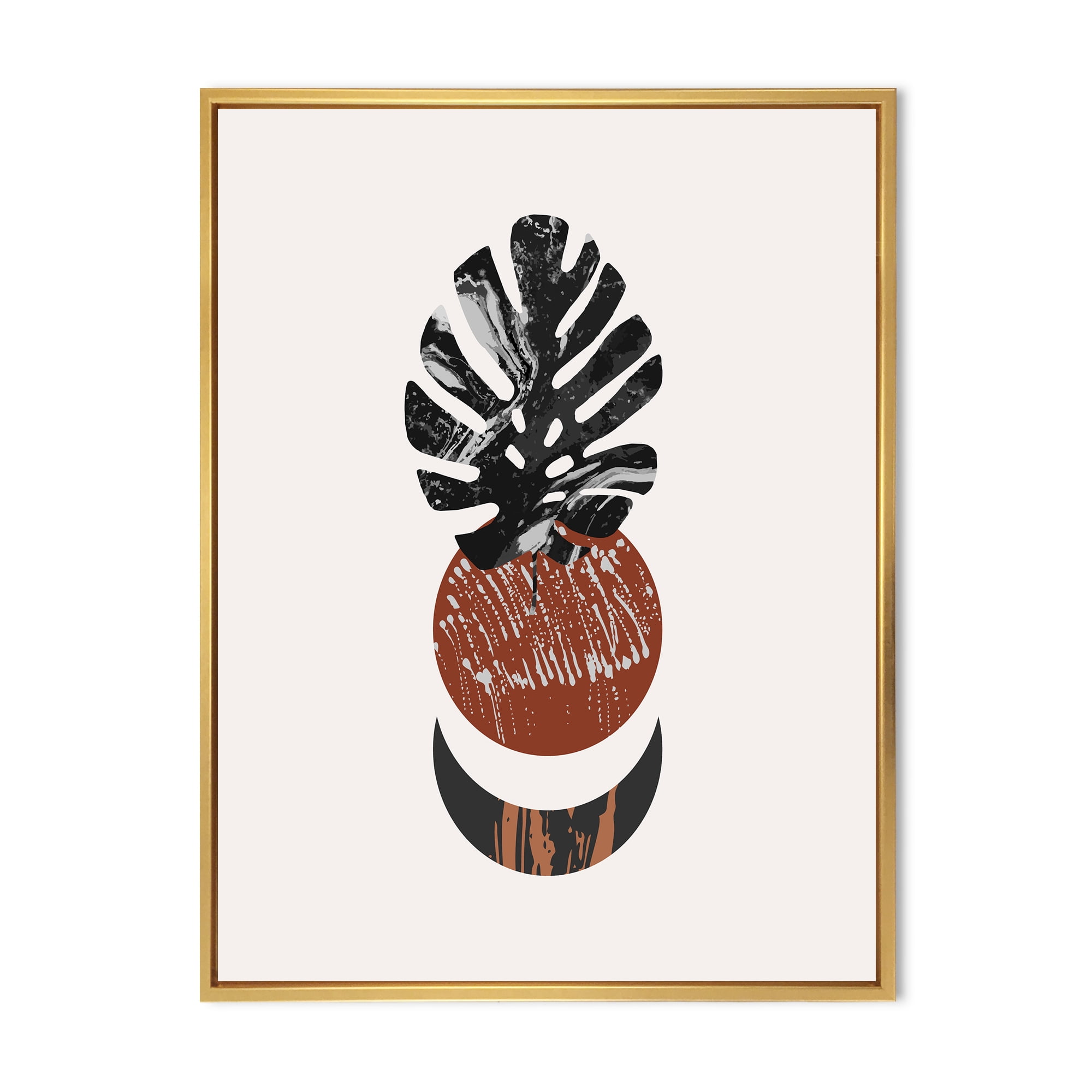 Designart 'Abstact Tropical Palm Leaf, Minimal Sun And Moon II' Modern Framed Canvas Wall Art Print