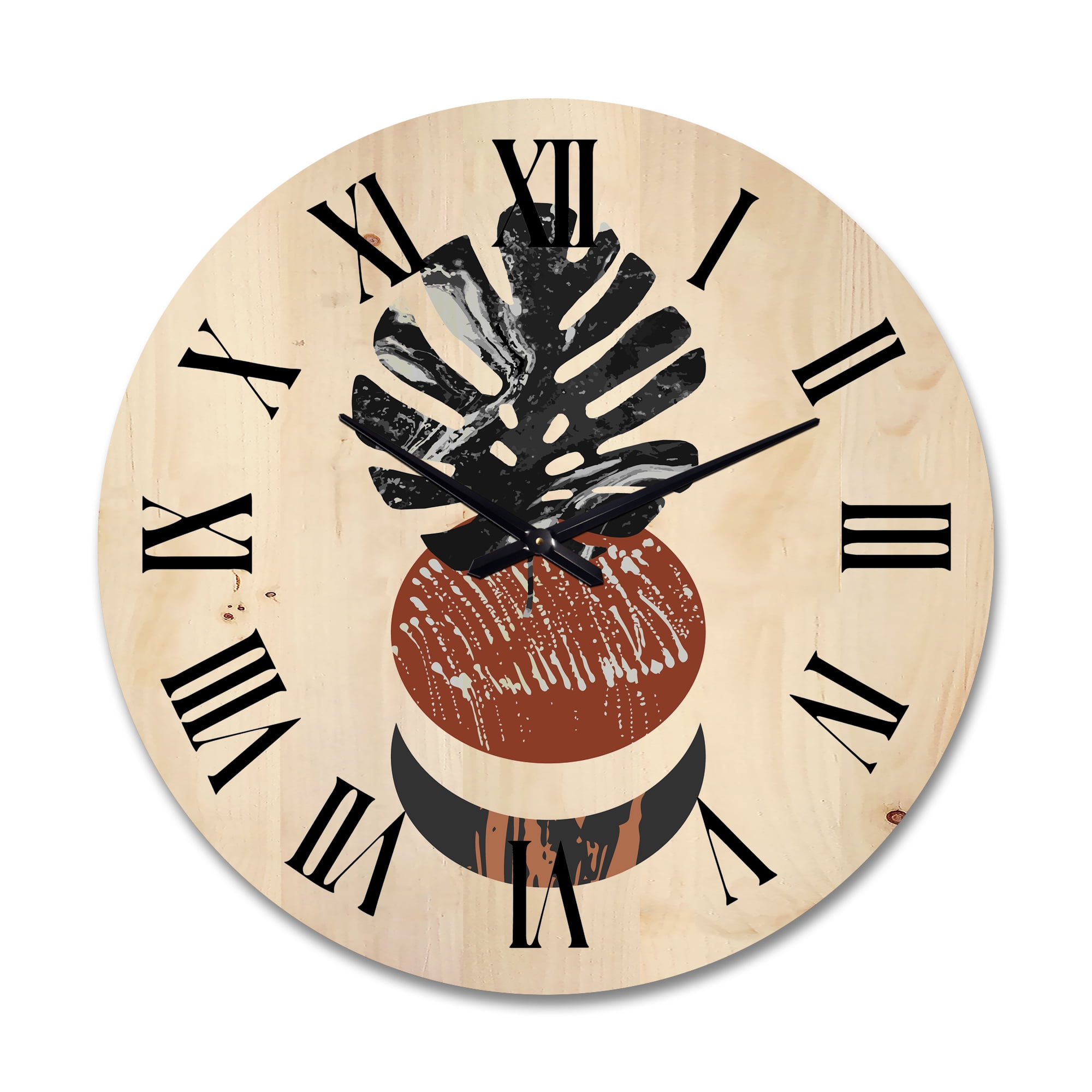 Designart 'Abstact Tropical Palm Leaf, Minimal Sun And Moon II' Modern Wood Wall Clock