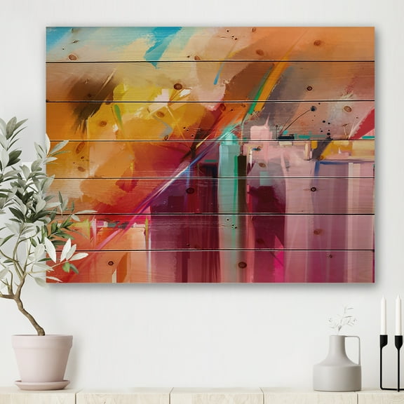 Designart 'Abstract Acrylic Composition in Red and Orange ' Modern Print on Natural Pine Wood