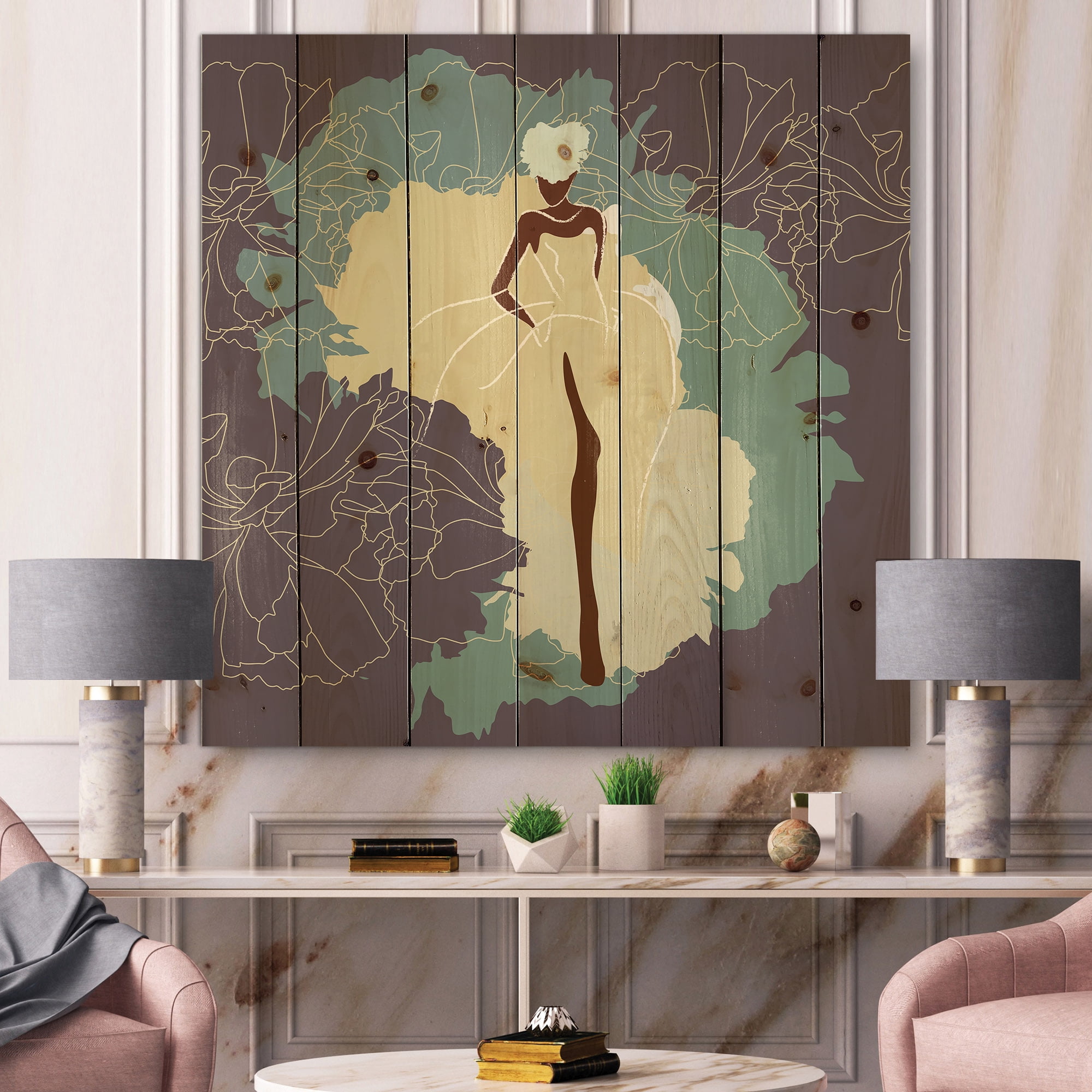 Designart 'Abstract African American Woman In Gorgeous Wedding Dress' Modern Print on Natural Pine Wood