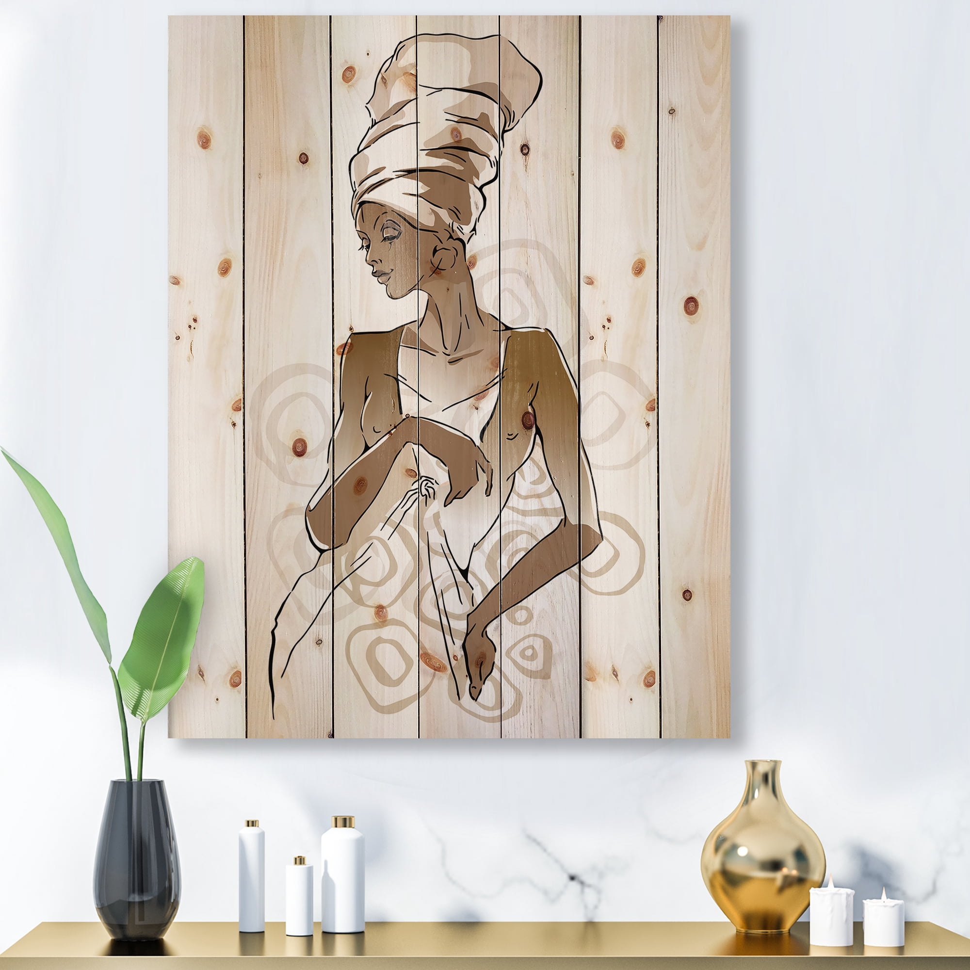 Designart 'Abstract African American Woman Portraits' Modern Print on Natural Pine Wood