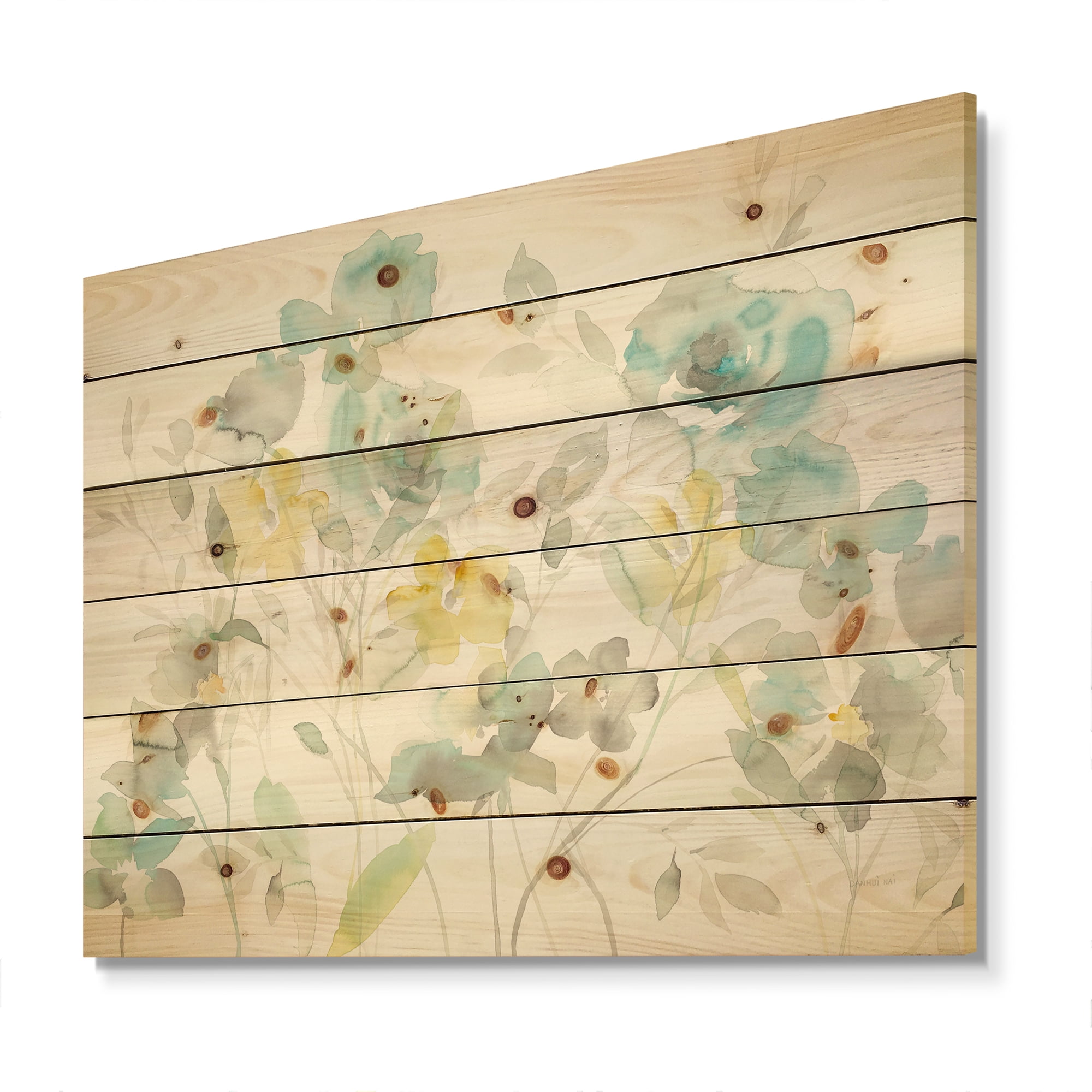 Designart 'Abstract Aqua Rose Natural Element' Farmhouse Print on Natural Pine Wood