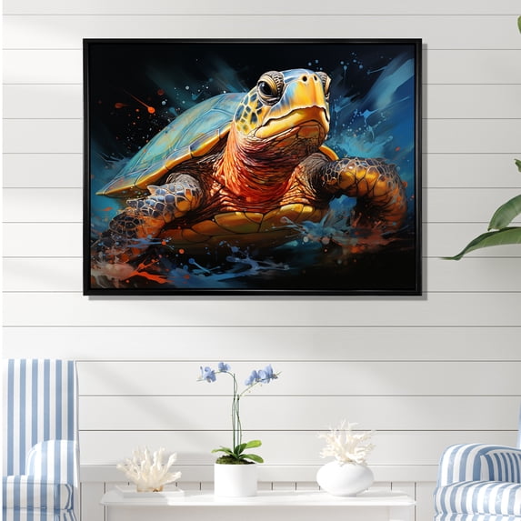 Designart "Abstract Art Depicting A Turtle'S Aquatic Journey" Animals Turtle Floater Framed Wall Art Living Room