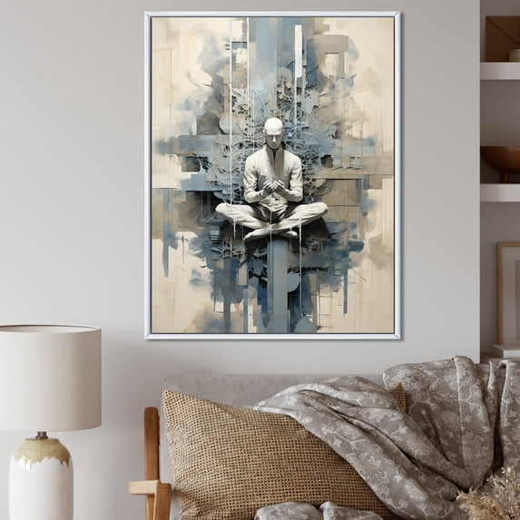 Designart "Abstract Art For Yoga Meditation In Blue And White I" Yoga Floater Framed Wall Art Living Room