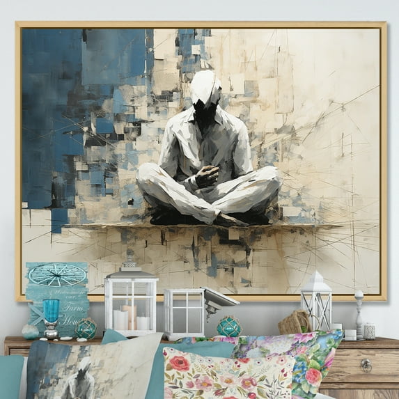 Designart "Abstract Art For Yoga Meditation In Blue And White" Yoga Floater Framed Wall Art Prints