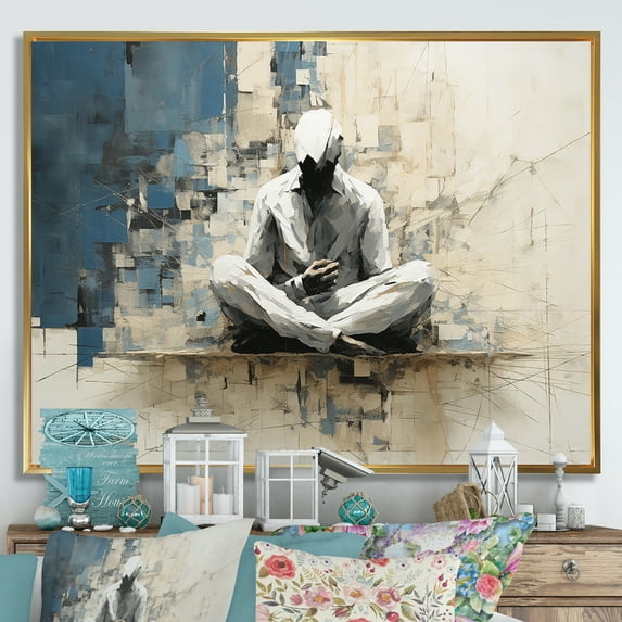 Designart "Abstract Art For Yoga Meditation In Blue And White" Yoga Floater Framed Wall Art Prints