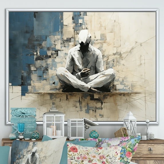 Designart "Abstract Art For Yoga Meditation In Blue And White" Yoga Floater Framed Wall Art Prints