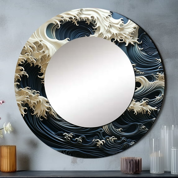 Designart "Abstract Azure And Snow Sea Tempest" Beach Blue Large Round Mirror - Round Office Mirror Wall Decor - Coastal Round Printed Mirror - 23" x 23"