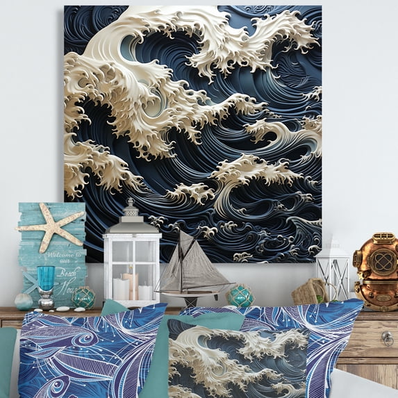 Designart "Abstract Azure And Snow Sea Tempest" Coastal Canvas Prints