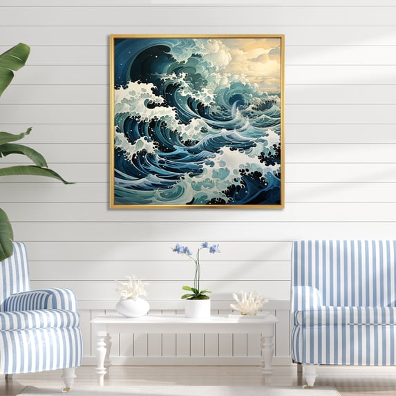 Designart "Abstract Azure And Snow Sea Tempest I" Coastal Floater Framed Wall Decor