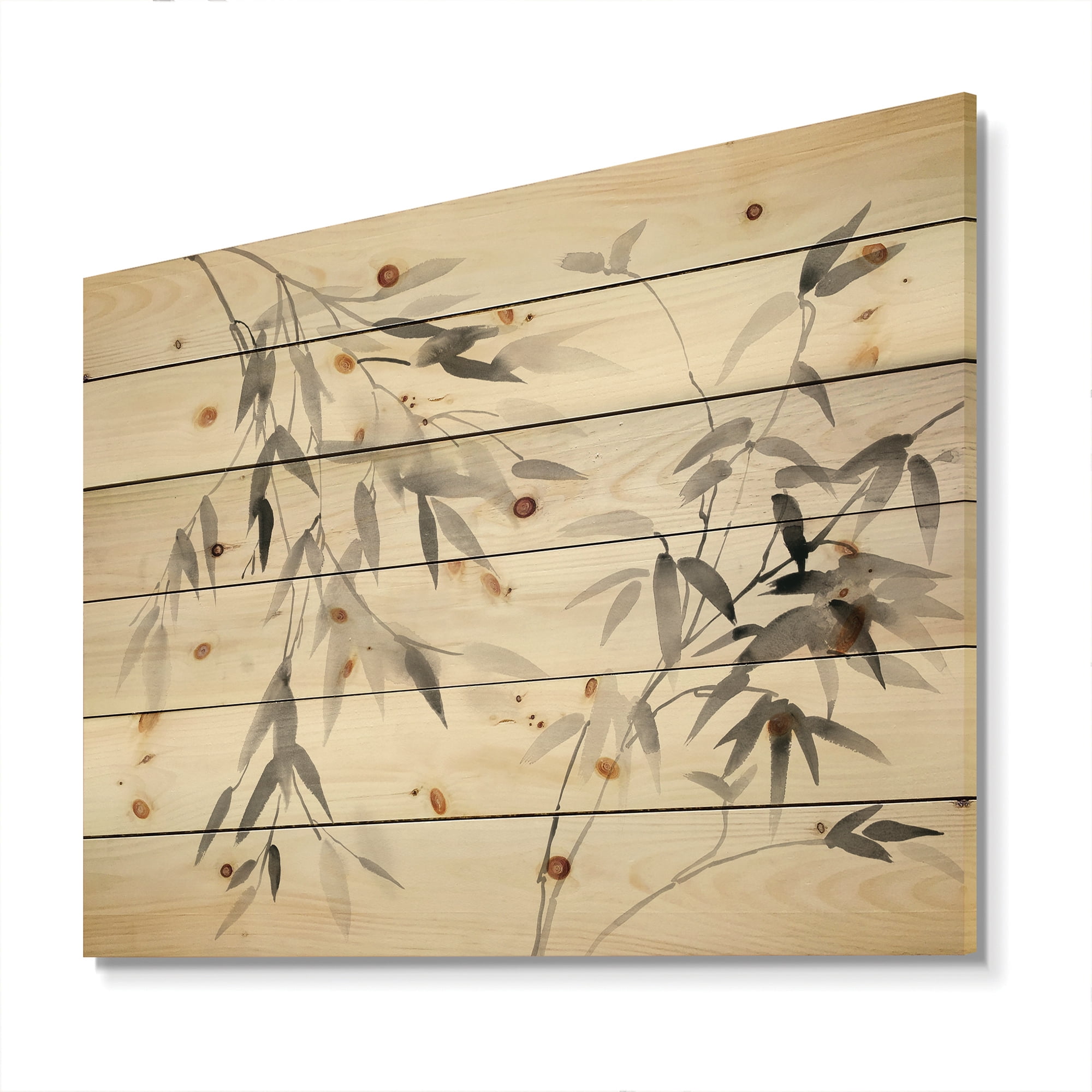 Designart 'Abstract Bamboo Leaves' Farmhouse Print on Natural Pine Wood