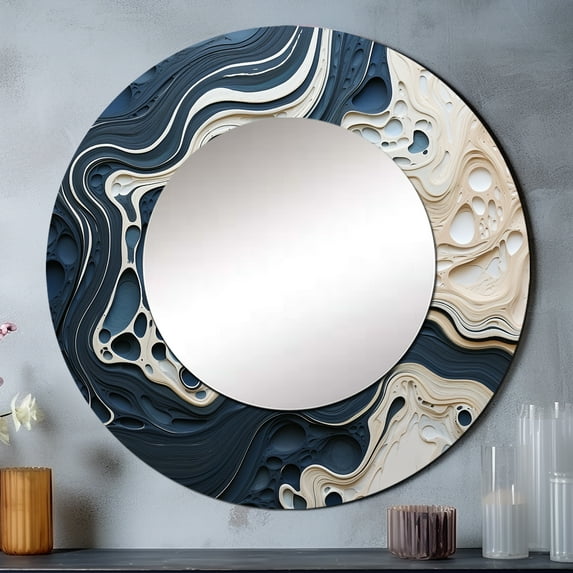Designart "Abstract Beige And Azure Fluid Art" Beach Rund Mirror For Wall Decor - Large Cream Round Print Mirror - Round Coastal Mirror - Wall Mounted Round Large Mirror - 23" x 23"
