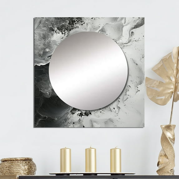 Designart "Abstract Beige And Azure Fluid Art III" coastal Black Large Square Mirror - Square Bedroom Mirror Printed Wall Decor - Coastal Square Printed Wall Mirror Art