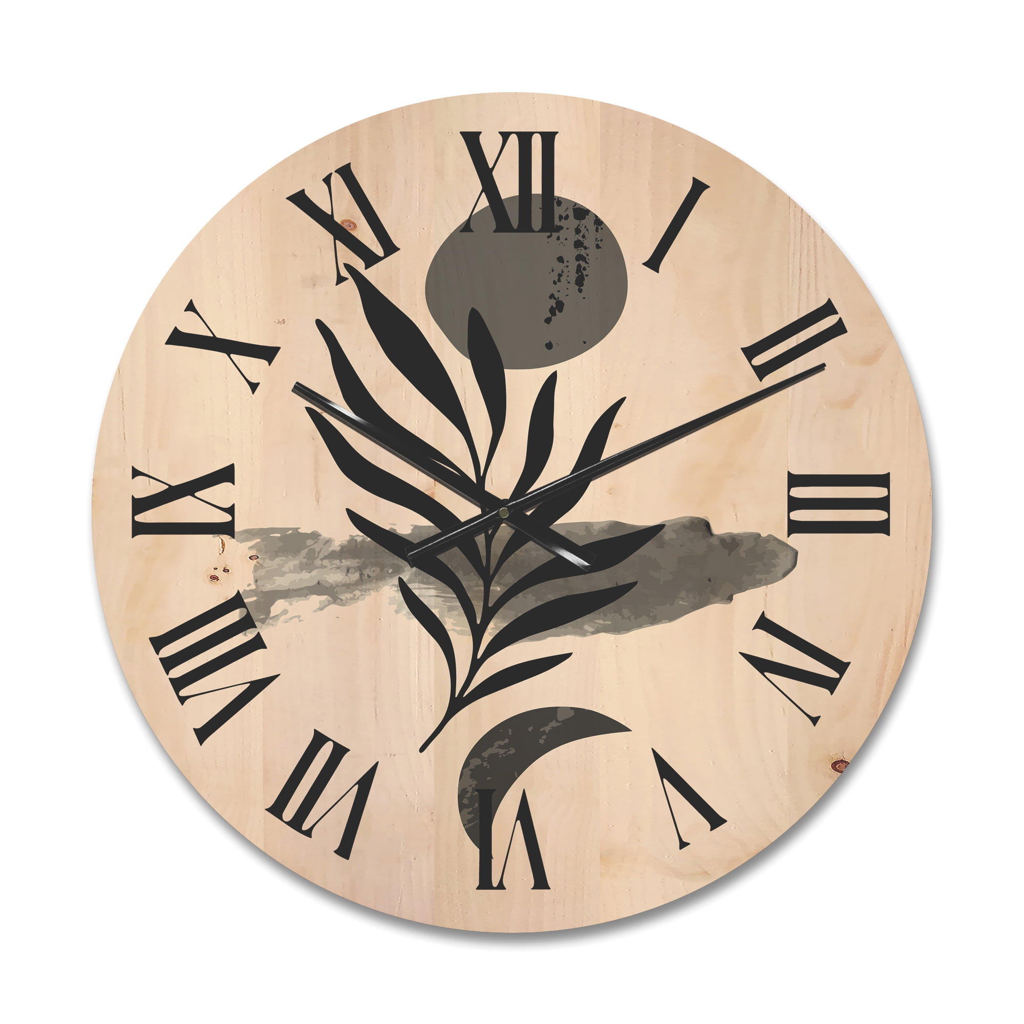 Designart 'Abstract Black Tropical Leaf II' Modern Wood Wall Clock