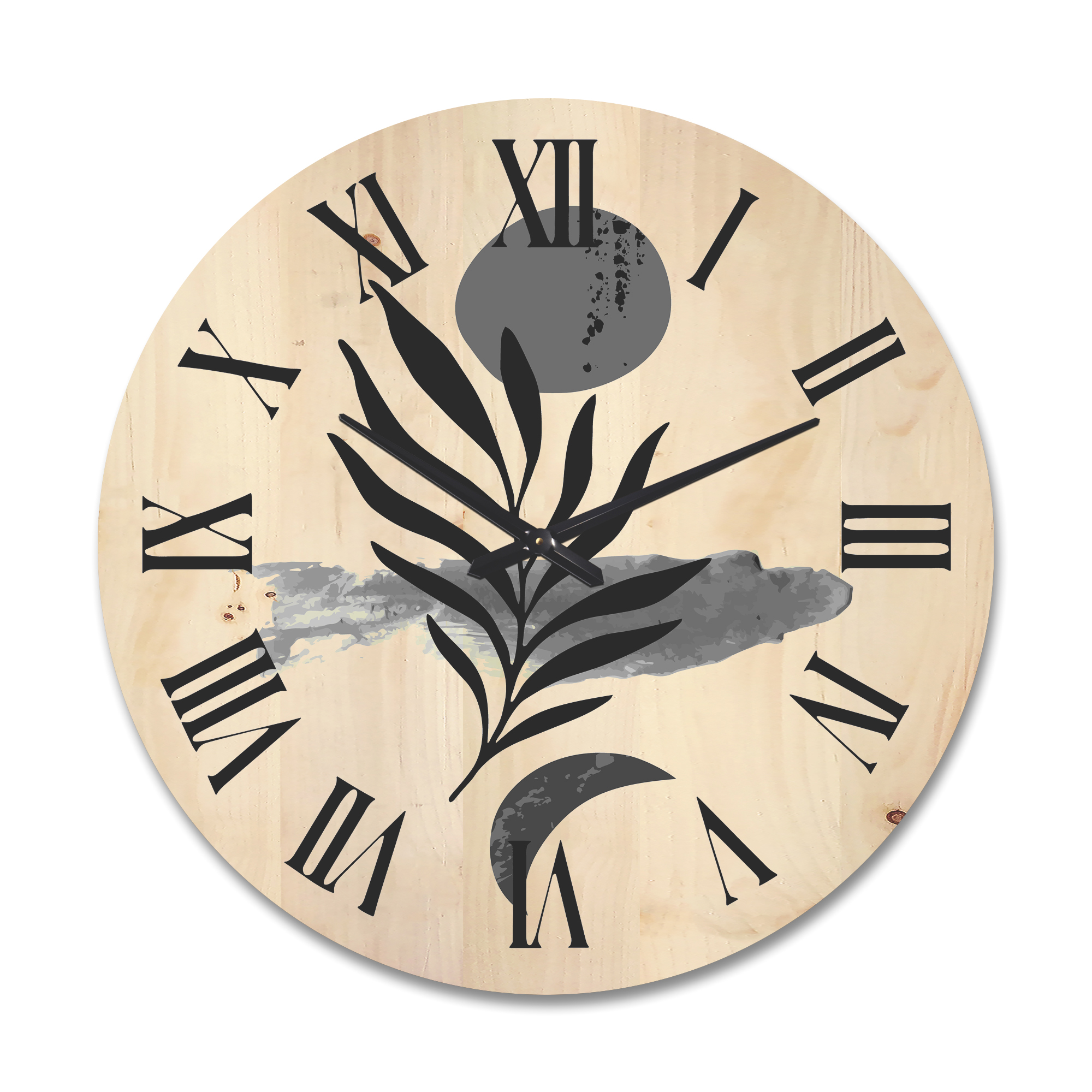 Designart 'Abstract Black Tropical Leaf II' Modern Wood Wall Clock