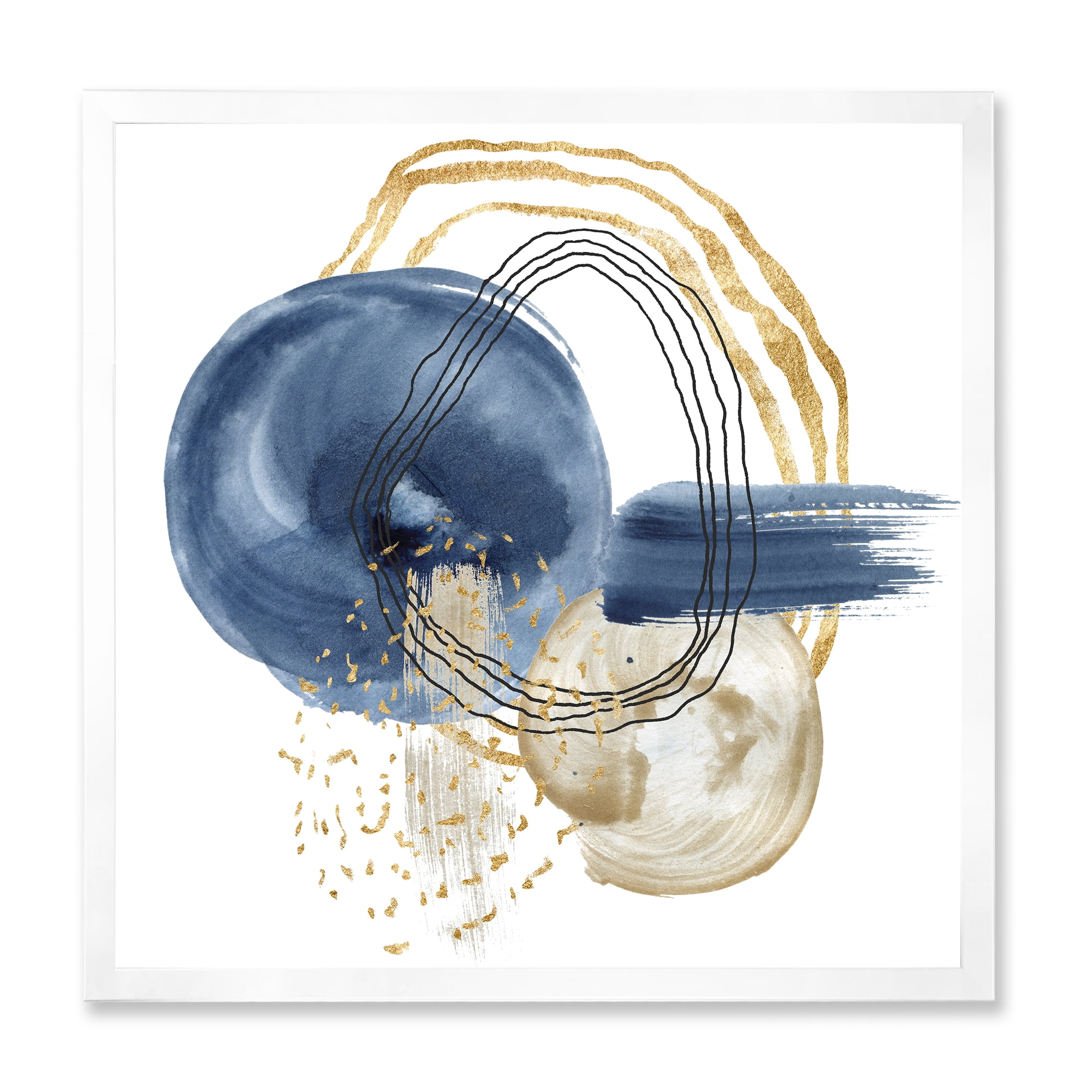 Designart 'Abstract Black and Dark Blue Gold Underwater Life' Modern Framed Art Print