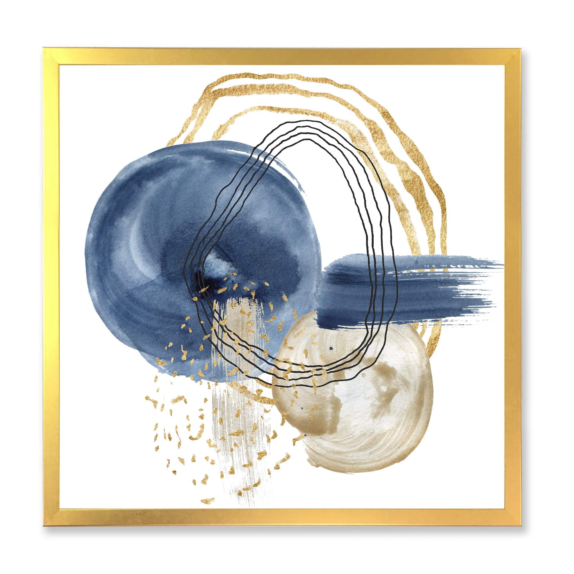 Designart 'Abstract Black and Dark Blue Gold Underwater Life' Modern Framed Art Print
