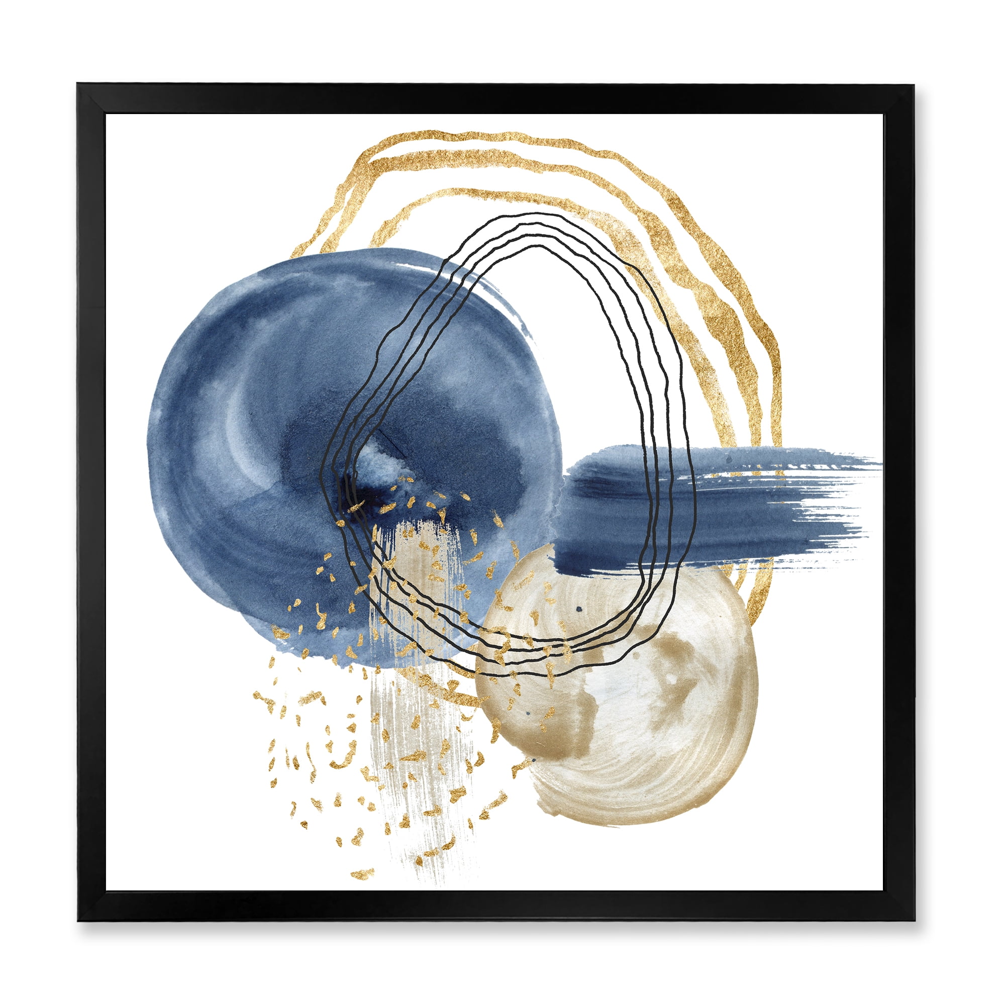 Designart 'Abstract Black and Dark Blue Gold Underwater Life' Modern Framed Art Print