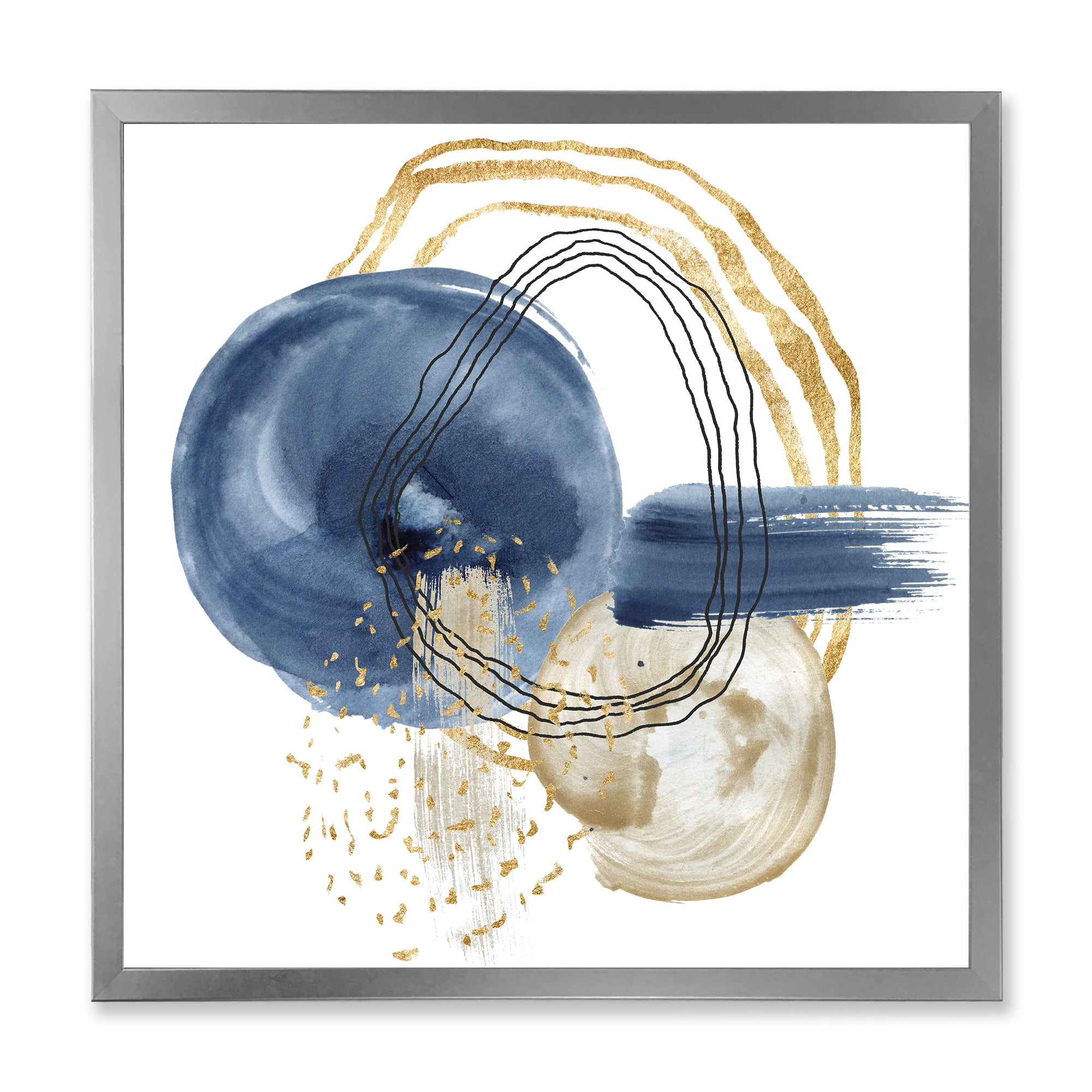 Designart 'Abstract Black and Dark Blue Gold Underwater Life' Modern Framed Art Print