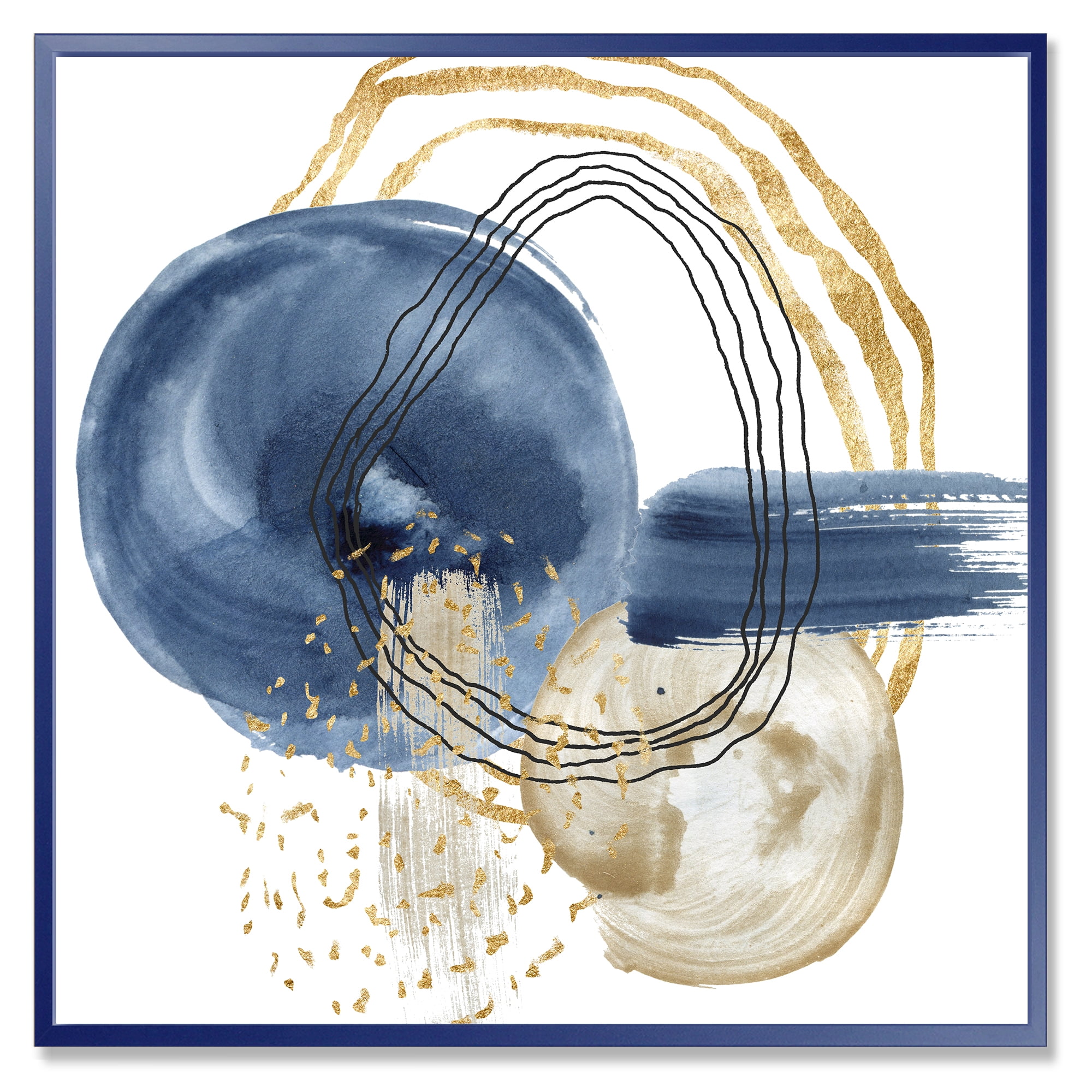 Designart 'Abstract Black and Dark Blue Gold Underwater Life' Modern Framed Canvas Wall Art Print