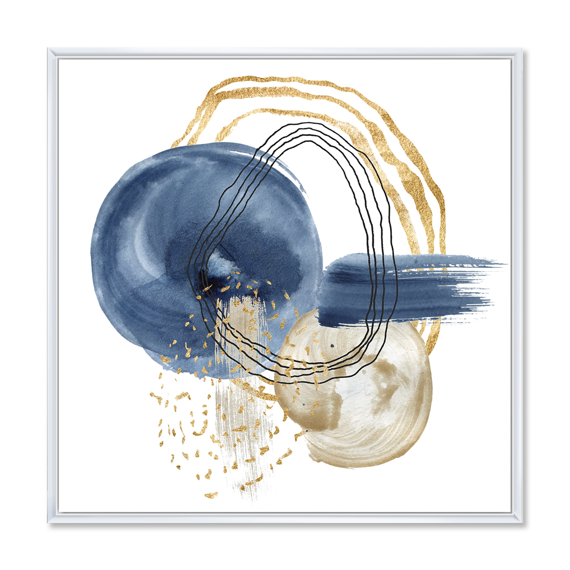 Designart 'Abstract Black and Dark Blue Gold Underwater Life' Modern Framed Canvas Wall Art Print