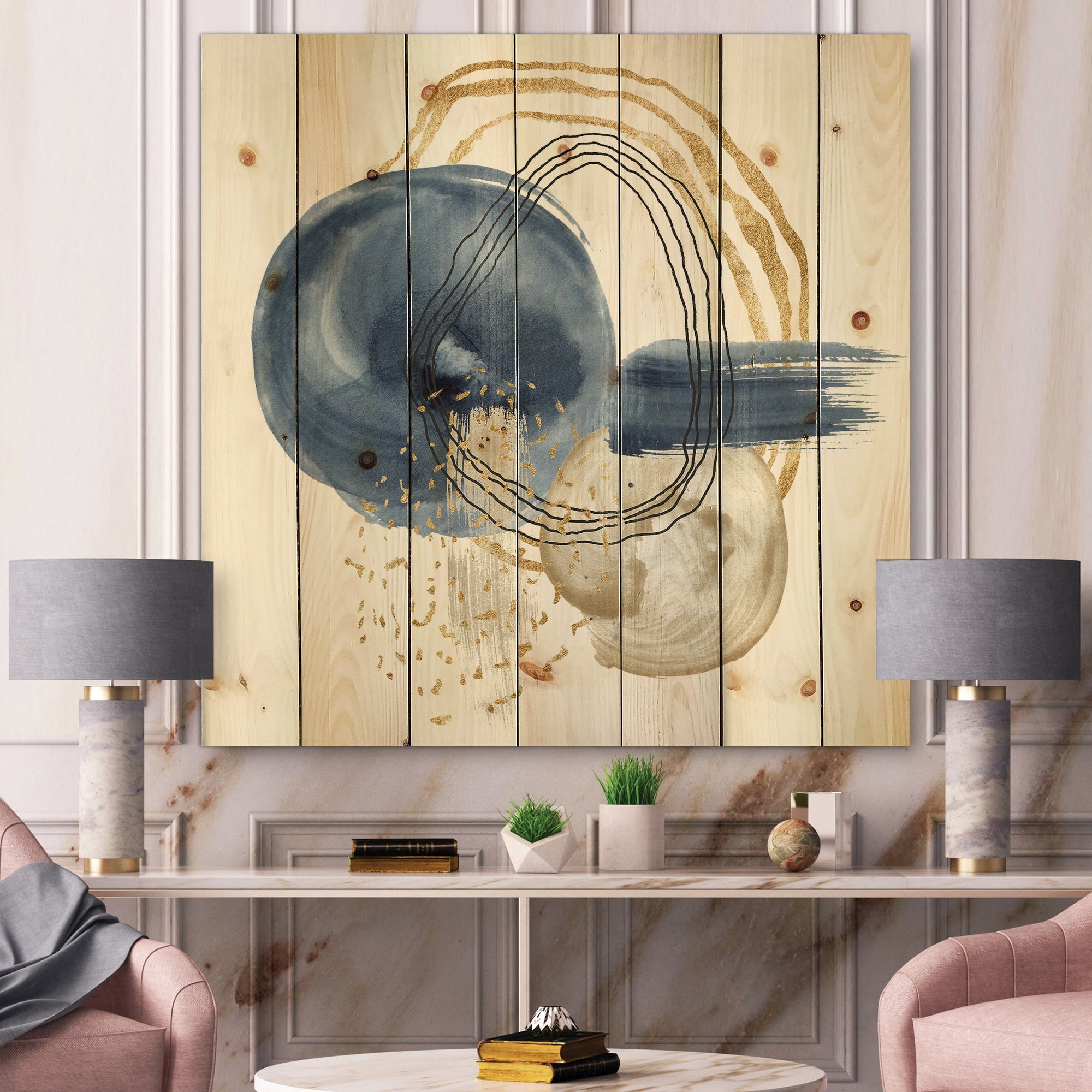 Designart 'Abstract Black and Dark Blue Gold Underwater Life' Modern Print on Natural Pine Wood