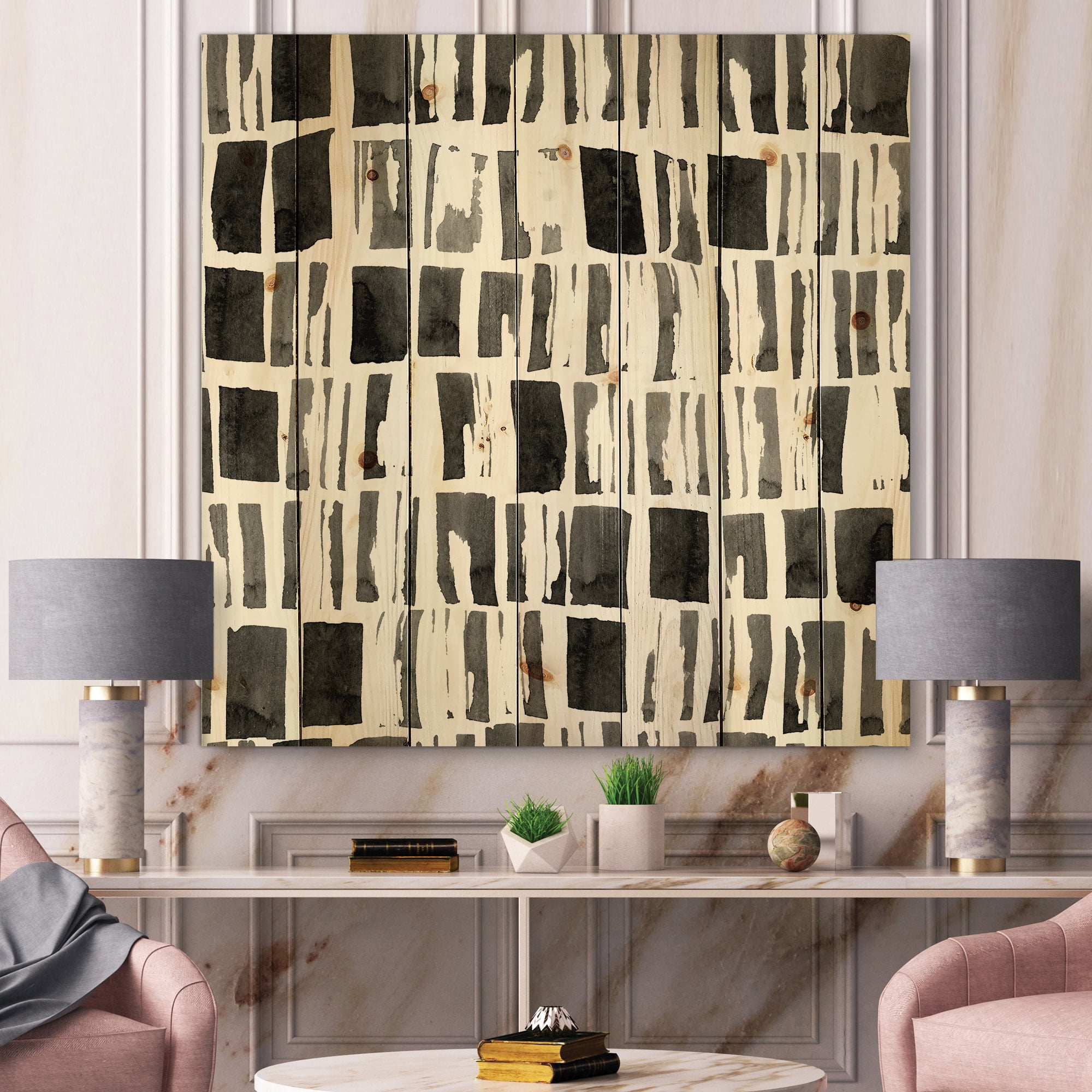 Designart 'Abstract Black and White Bricks' Modern Print on Natural Pine Wood