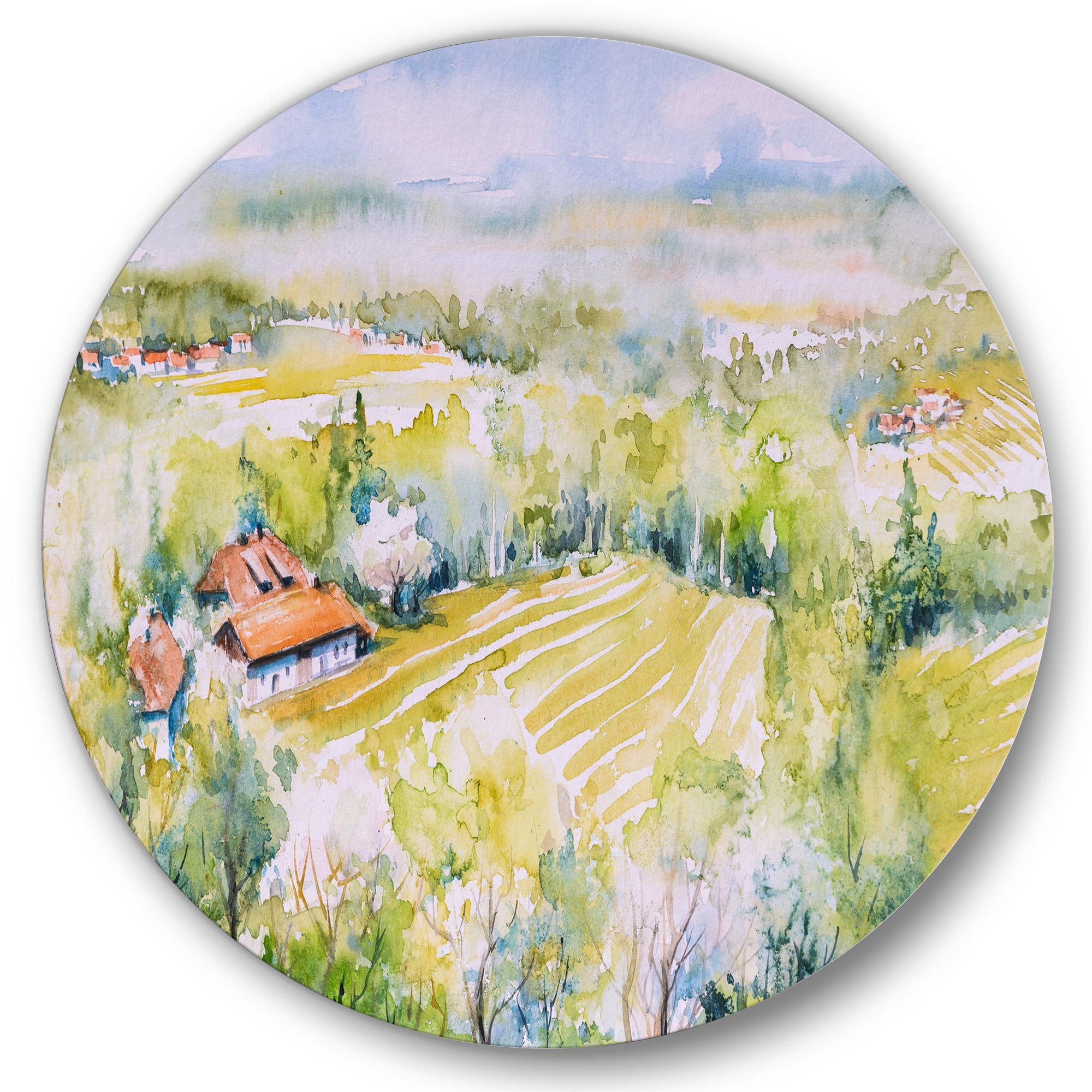 Designart 'Abstract Blossoming Green Fields In Countryside ' Country Circle Metal Wall Art 11x11 - Disc of 11