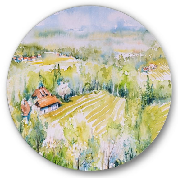 Designart 'Abstract Blossoming Green Fields In Countryside ' Country Circle Metal Wall Art 11x11 - Disc of 11