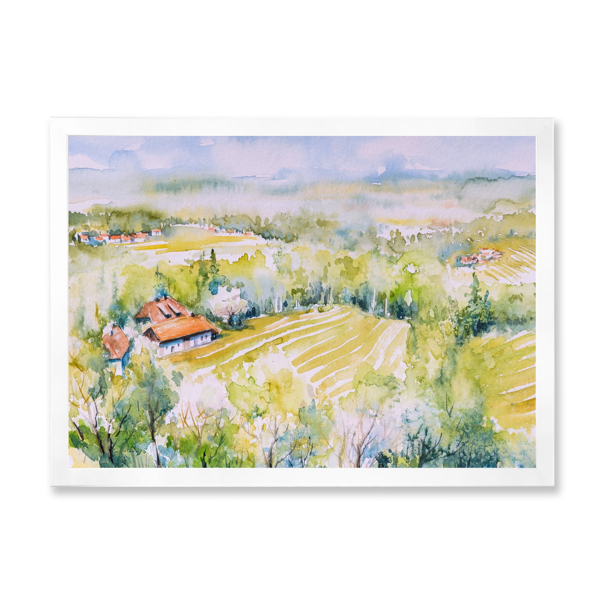 Designart 'Abstract Blossoming Green Fields In Countryside ' Country Framed Art Print